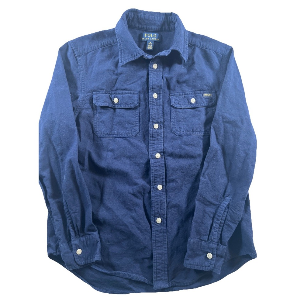 Ralph Lauren‎ Polo Flannel Shirt Boys Medium 10/12 Navy Blue Solid Long Sleeve